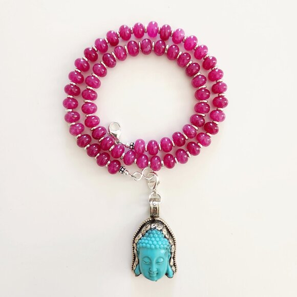 FUCHSIA JADE NECKLACE WITH BUDDHA PENDANT - Picture 6 of 6